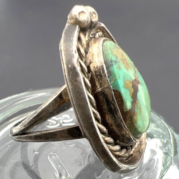 Vintage Sterling Silver Turquoise Ring Sz 7.5 Rope Bead Southwest Statement Boho - Picture 3 of 8